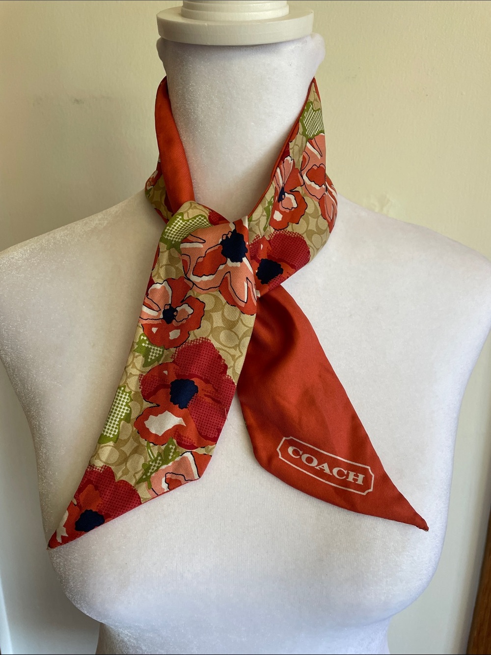 COACH Orange Floral Silk Twilly Skinny Scarf with White Monogram Logo - Picture 3 of 15